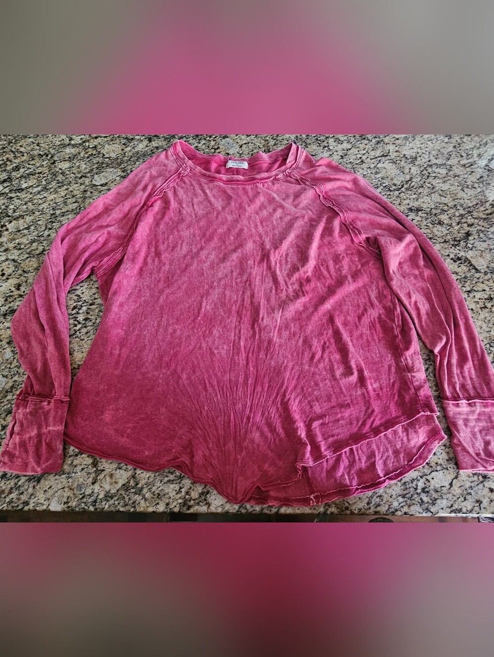 Zenana Outfitters long sleeve fuchsia pink top featuring a vintage/mineral wash - Picture 4 of 6